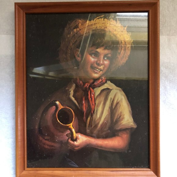 Country boy print on board wood frame small boy straw hat water jar wall hanging - Picture 4 of 5